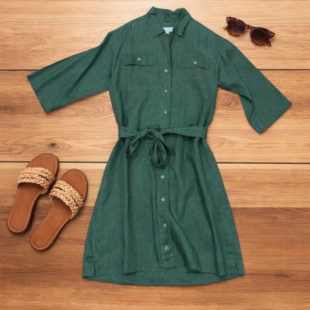 Lou & Grey Forest Dark Green Button-Front Midi Shirtdress Sz Small